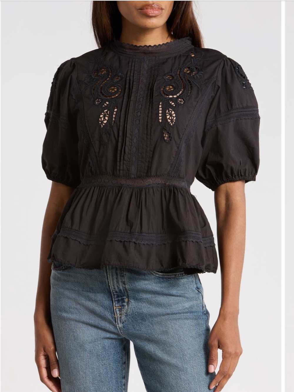 Max Studio Black Embroidered Puff-Sleeve Peplum Top Cotton Small NWOT